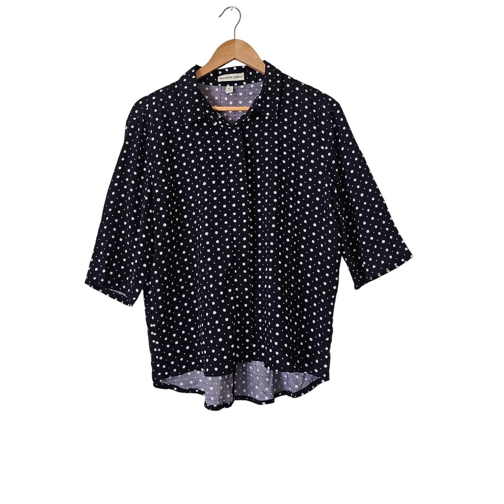 Alexander Jordan Navy‎ Blue Ditsy Floral Button Down Shirt Size XL Elbow Sleeve
